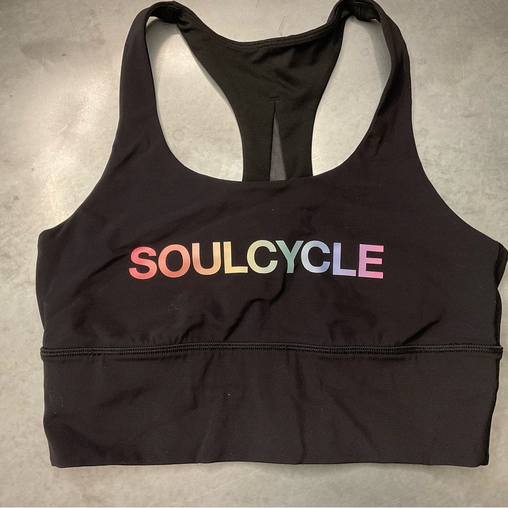 SoulCycle Women's Black Sports Bra with Multicolor Logo